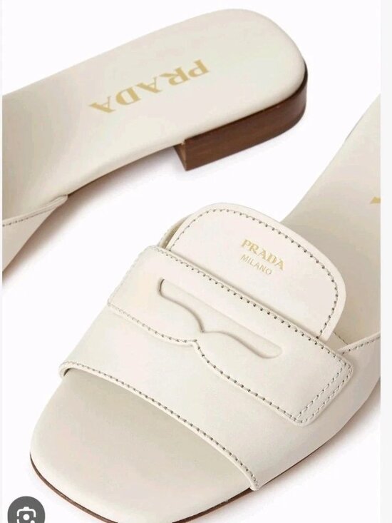 Prada Shoes - $1,100 Prada Leather Slide Sandals White Gold Logo-Stamp EU 38.5 US 8.5 BNIB